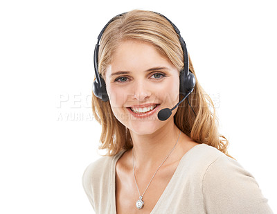 Buy stock photo Woman, portrait and smile in studio for customer service, CRM questions and help at IT call center on white background. Happy telemarketing agent, consultant and microphone for FAQ, advice or contact