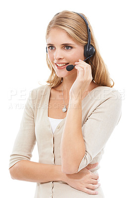 Buy stock photo Woman, call center and communication in studio for customer service, CRM questions or help for IT support on white background. Telemarketing agent, consultant or microphone for FAQ, advice or contact