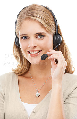 Buy stock photo Woman, call center and portrait in studio with smile for customer support, CRM questions or IT help on white background. Telemarketing agent, happy consultant or microphone for FAQ, advice or contact