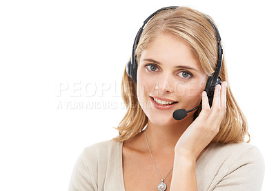 Buy stock photo Woman, call center or portrait in studio with space for customer support, CRM questions or IT contact on white background. Telemarketing agent, happy consultant or microphone for FAQ advice at mockup