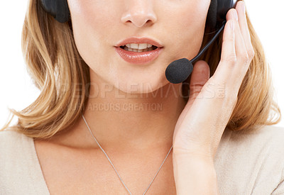 Buy stock photo Woman, call center and mouth in studio for communication, customer support and CRM questions on white background. Closeup face of telemarketing agent, consultant and microphone for FAQ, advice and IT