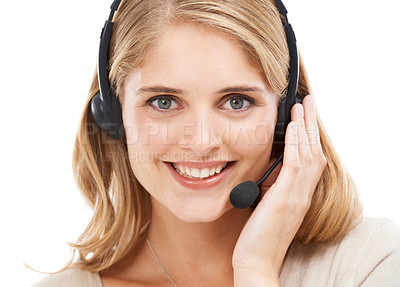 Buy stock photo Woman, call center and face portrait in studio for customer support, CRM questions and IT contact on white background. Happy telemarketing agent, consultant and microphone for FAQ, advice and sales 