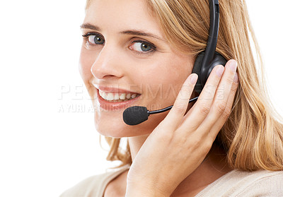 Buy stock photo Call center, woman and face portrait in studio for customer service, CRM sales and FAQ questions on white background. Happy telemarketing agent with microphone for IT support, advice and contact us