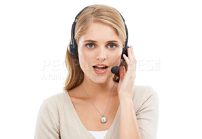 Buy stock photo Call center, woman and portrait in studio for contact, customer service and FAQ questions on white background. Telemarketing agent with microphone for IT support, CRM advisory and telecom consulting