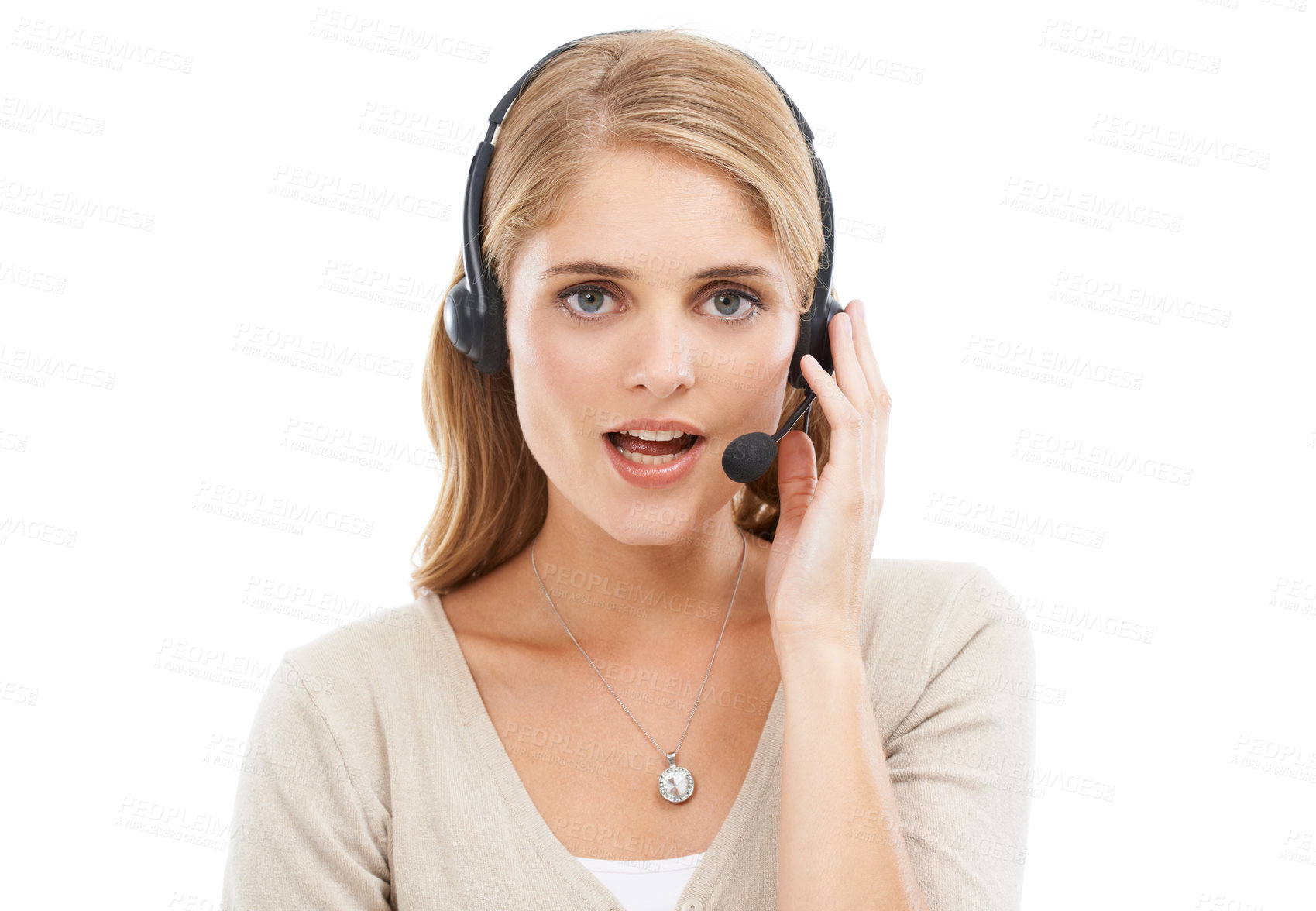 Buy stock photo Call center, woman and portrait in studio for contact, customer service and FAQ questions on white background. Telemarketing agent with microphone for IT support, CRM advisory and telecom consulting