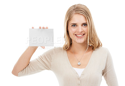 Buy stock photo Portrait, woman and review with blank poster, promotion and opportunity isolated on white studio background. Face, person and model with mockup space, announcement or billboard with feedback or smile