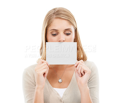 Buy stock photo Poster mockup, face and woman with blank card, sign or news on paper in white background. Studio, space or person with a empty signage for information on choice, decision or cardboard announcement