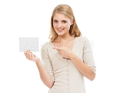 Buy stock photo Portrait, woman and pointing with blank poster, promotion and opportunity isolated on a white studio background. Face, person and model with mockup space, announcement and feedback with information