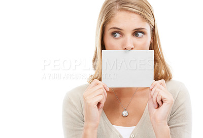 Buy stock photo Thinking, face and woman with blank card, sign or poster for  question in white background and mockup. Studio, space and person with a empty signage for information on choice, decision or cardboard
