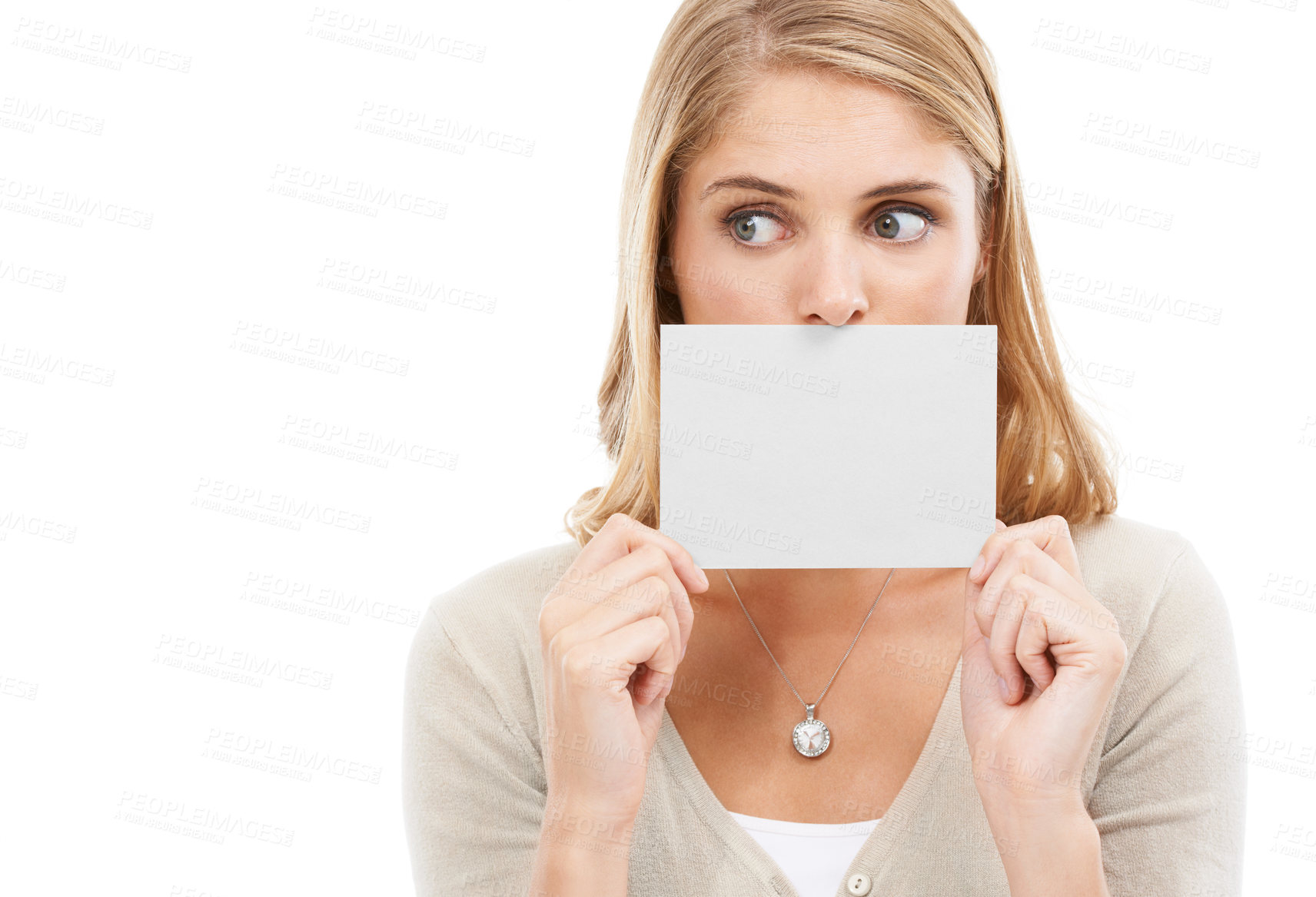 Buy stock photo Thinking, face and woman with blank card, sign or poster for  question in white background and mockup. Studio, space and person with a empty signage for information on choice, decision or cardboard