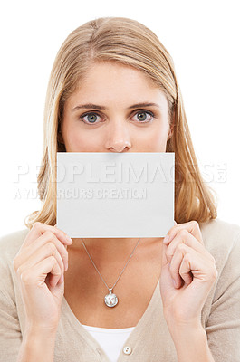 Buy stock photo Woman, portrait and blank card with sign for poster mockup in white background and backdrop. Studio, space and person with an empty signage for information, news or cardboard paper with announcement