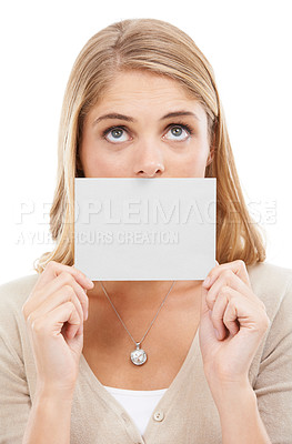 Buy stock photo Thinking, face and woman with empty card, sign or poster for question in white background and mockup. Studio, space and person with a empty signage for information on choice, decision or cardboard