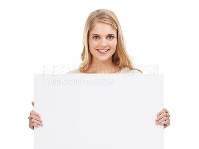 Buy stock photo Portrait, woman and smile with blank poster, promotion and opportunity isolated on a white studio background. Face, person and model with mockup space, announcement and billboard with information