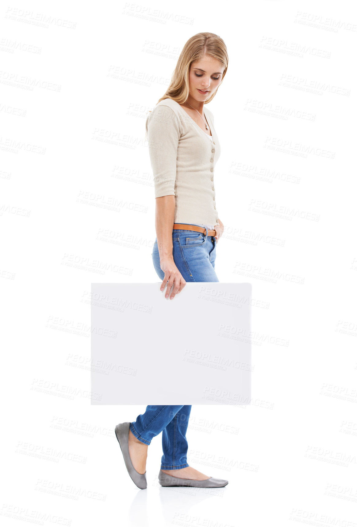 Buy stock photo Woman, card or poster mockup with advertising, presentation or announcement with information on white background. About us, coming soon or sign up with news, marketing or ads with board in studio