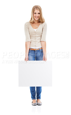 Buy stock photo Portrait, woman and promotion with blank poster, review or opportunity isolated on a white studio background. Joy, person or model with mockup space, announcement or billboard with feedback and smile