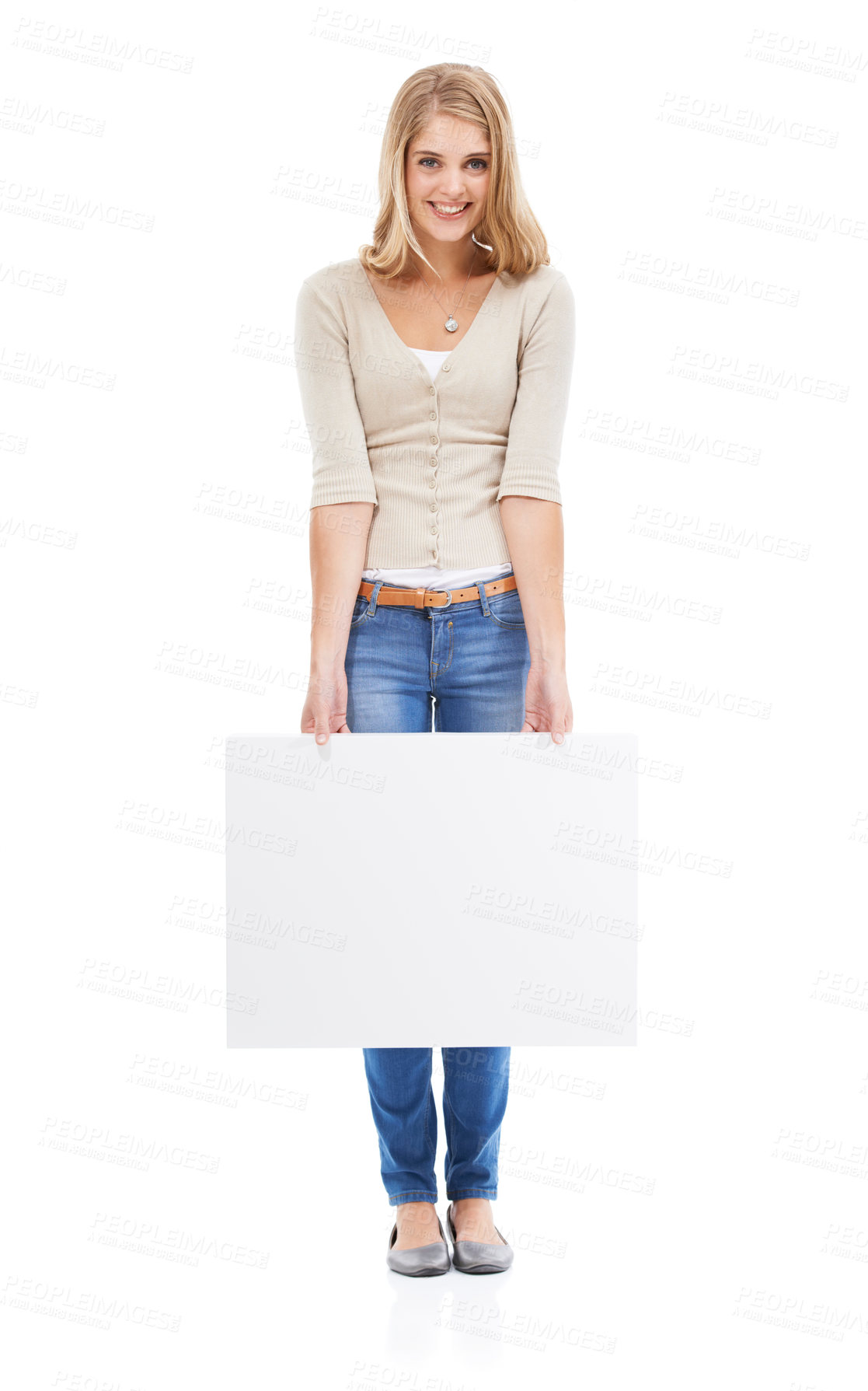 Buy stock photo Portrait, woman and promotion with blank poster, review or opportunity isolated on a white studio background. Joy, person or model with mockup space, announcement or billboard with feedback and smile