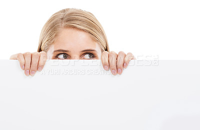 Buy stock photo Thinking, face and woman with blank poster, sign or banner for question in white background and mockup. Studio, space and person with a empty signage for information on choice, decision or cardboard