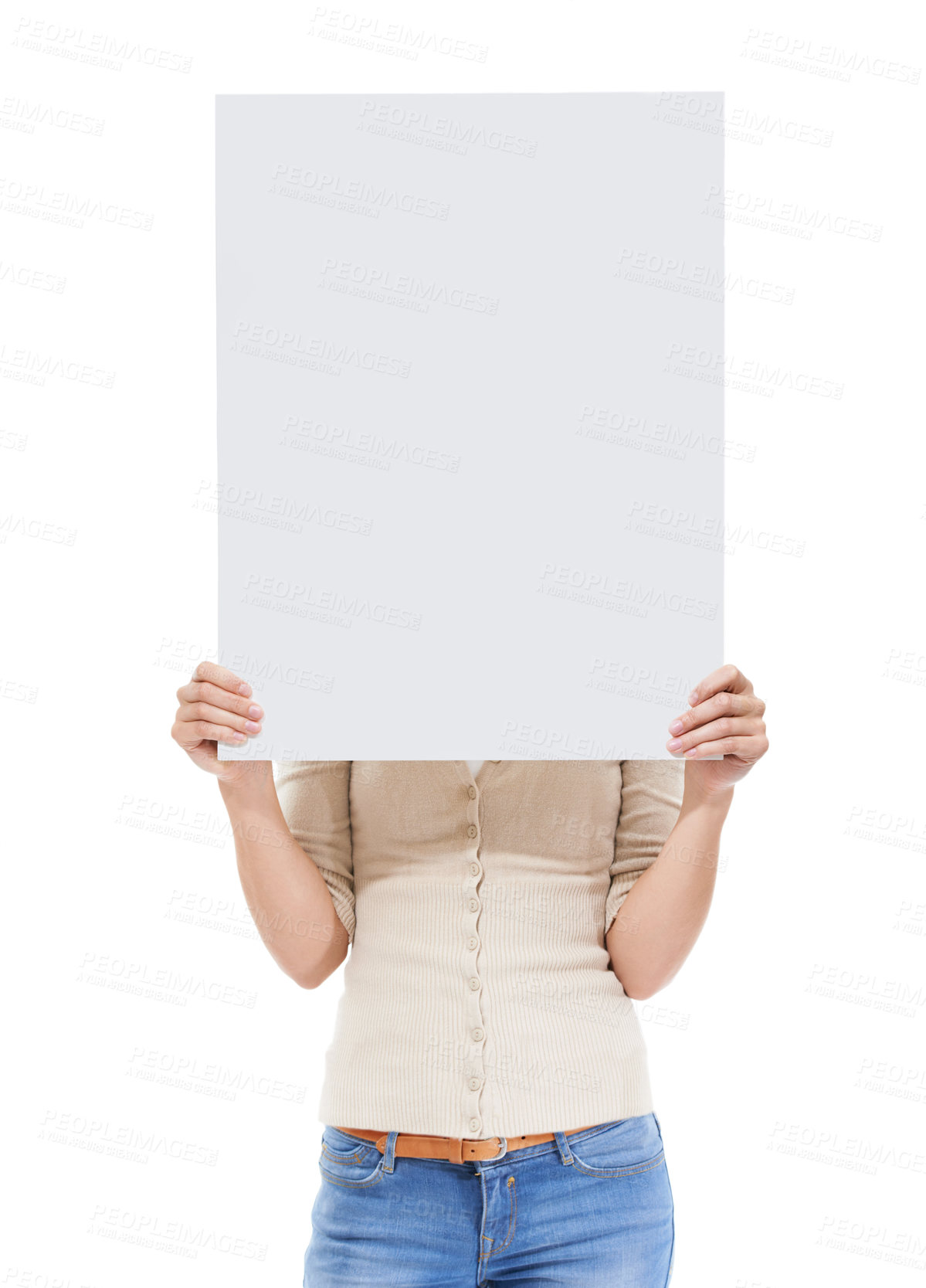 Buy stock photo Studio shot of a woman holding a blank sign in front of her face isolated on white