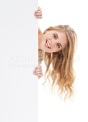 Buy stock photo Portrait, woman and opportunity with blank poster, promotion and information isolated on a white studio background. Face, person and model with mockup space, announcement and billboard with review