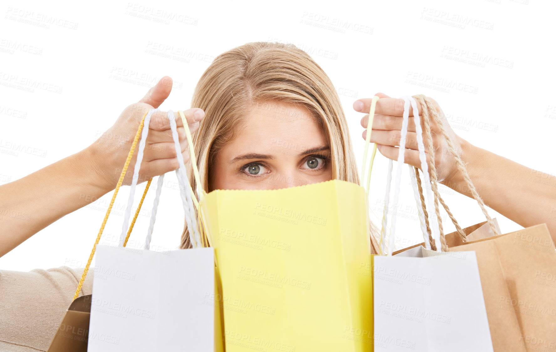 Buy stock photo Shopping bag, face and woman in portrait, retail and fashion with customer in studio and sale on white background. Discount at store, gift and choice with commercial, eyes and product from market