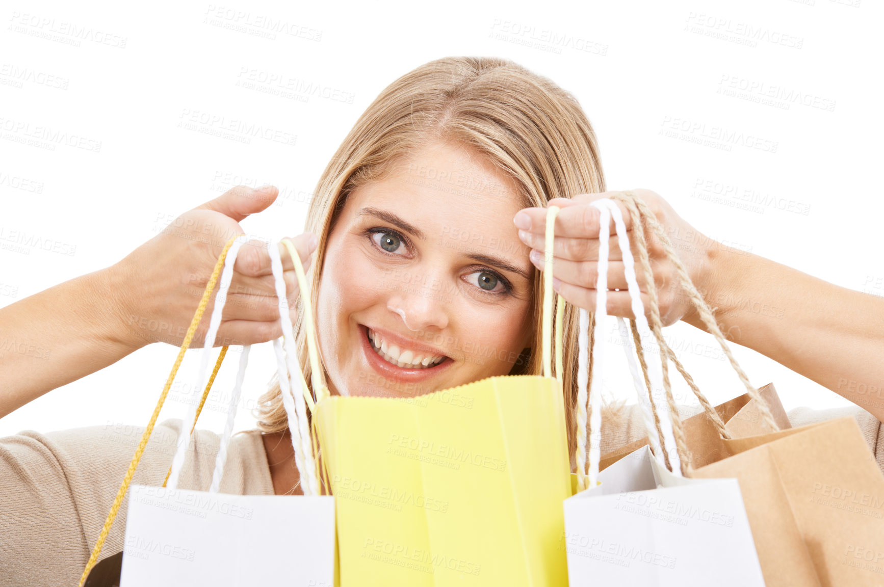 Buy stock photo Portrait, woman and shopping bag in studio for retail sales, financial freedom or commerce savings from market white background. Face of happy customer with gift bags for deal, discount and promotion