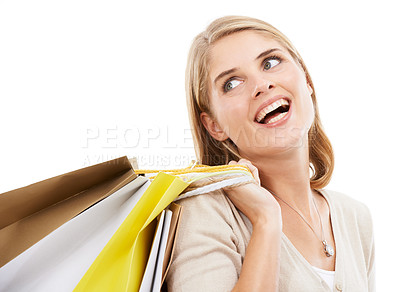 Buy stock photo Shopping bag, woman is happy with choice and retail, fashion with customer in studio and sale on white background. Discount purchase at store, gift and smile with commercial product from market