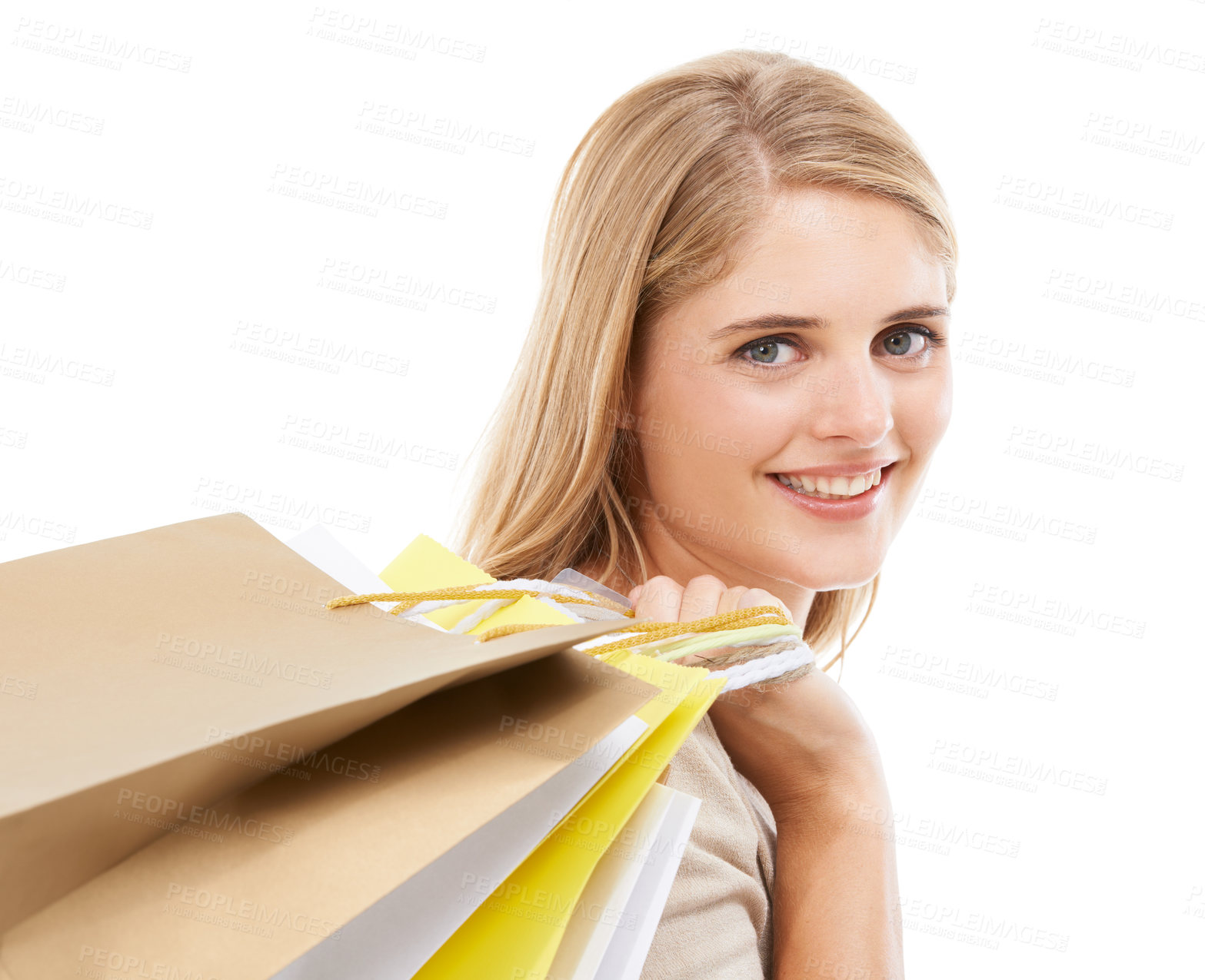 Buy stock photo Portrait, happy woman and shopping bag in studio for retail sales, financial freedom and commerce savings on white background. Rich customer buying gifts for deal, discount offer and mockup promotion