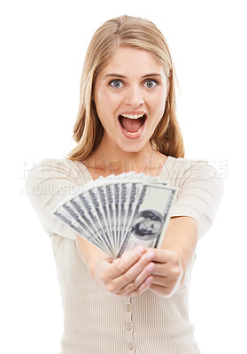 Buy stock photo Excited, woman and portrait with money fan and finance, prize or reward with achievement or success on white background. Winner with cash, dollars and financial freedom, bonus or salary in studio