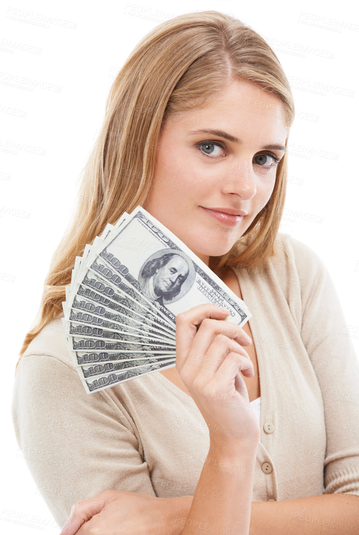 Buy stock photo Woman, portrait and money fan in studio of dollars, finance and banking for financial freedom on white background. Wealthy winner with bills for lottery bonus, cash savings and investment of cashback