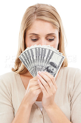 Buy stock photo Face, woman and cash in hands with prize or reward, achievement or success on white background. Winner with money fan for investment, dollar bills and financial freedom with bonus or salary in studio
