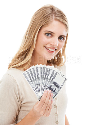 Buy stock photo Portrait, woman and smile with money fan in studio for giveaway, gambling or financial freedom on white background. Wealthy winner, bills and prize of lotto bonus, cashback savings and finance reward