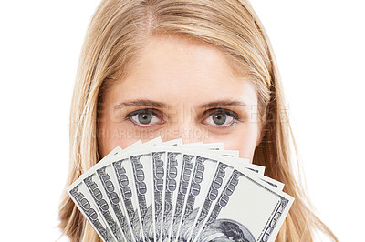 Buy stock photo Face, eyes and woman with money fan, bonus for success or reward, cashback or lotto win on white background. Cash, award or salary with financial freedom, investment and portrait for winner in studio