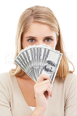 Buy stock photo Face, eyes and woman with cash fan, bonus for success or reward, cashback or lotto win on white background. Money, award or salary with financial freedom, investment and portrait for winner in studio