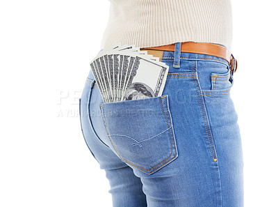 Buy stock photo Back, person and dollars in studio of jeans pocket for financial freedom, gambling and lottery bonus on white background. Closeup, pants and winner with money fan, cashback savings or rich investment