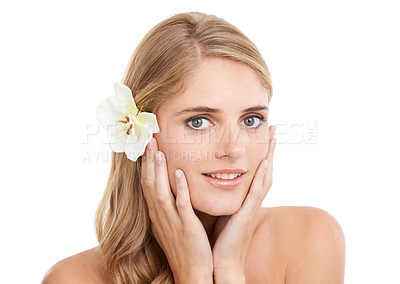 Buy stock photo Woman, portrait and hands in studio with flower, makeup and pride for cosmetic glow on mock up. Model, person or sustainable dermatology for haircare or natural organic skincare on white background