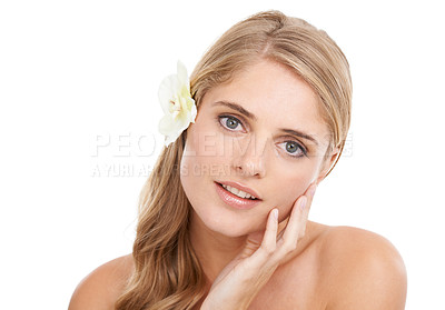 Buy stock photo Woman, portrait and smile in studio with flower, makeup or pride for cosmetic or beauty mock up. Model, person or sustainable dermatology for haircare or natural organic skincare on white background