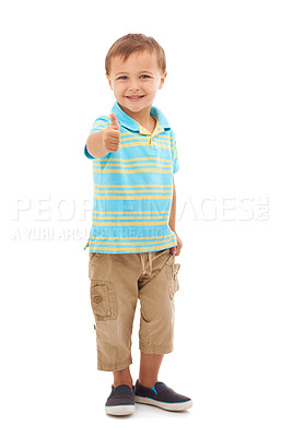 Buy stock photo Boy child, thumbs up and studio portrait with smile, choice and vote for agreement by white background. Kid, model or person in trendy fashion with sign, symbol and icon for yes, thank you or like