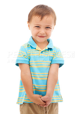 Buy stock photo Happy, child and portrait of boy in studio, white background and fashion in mockup space. Kid, face and smile with wellness, confidence and pride to start kindergarten with trendy style and outfit