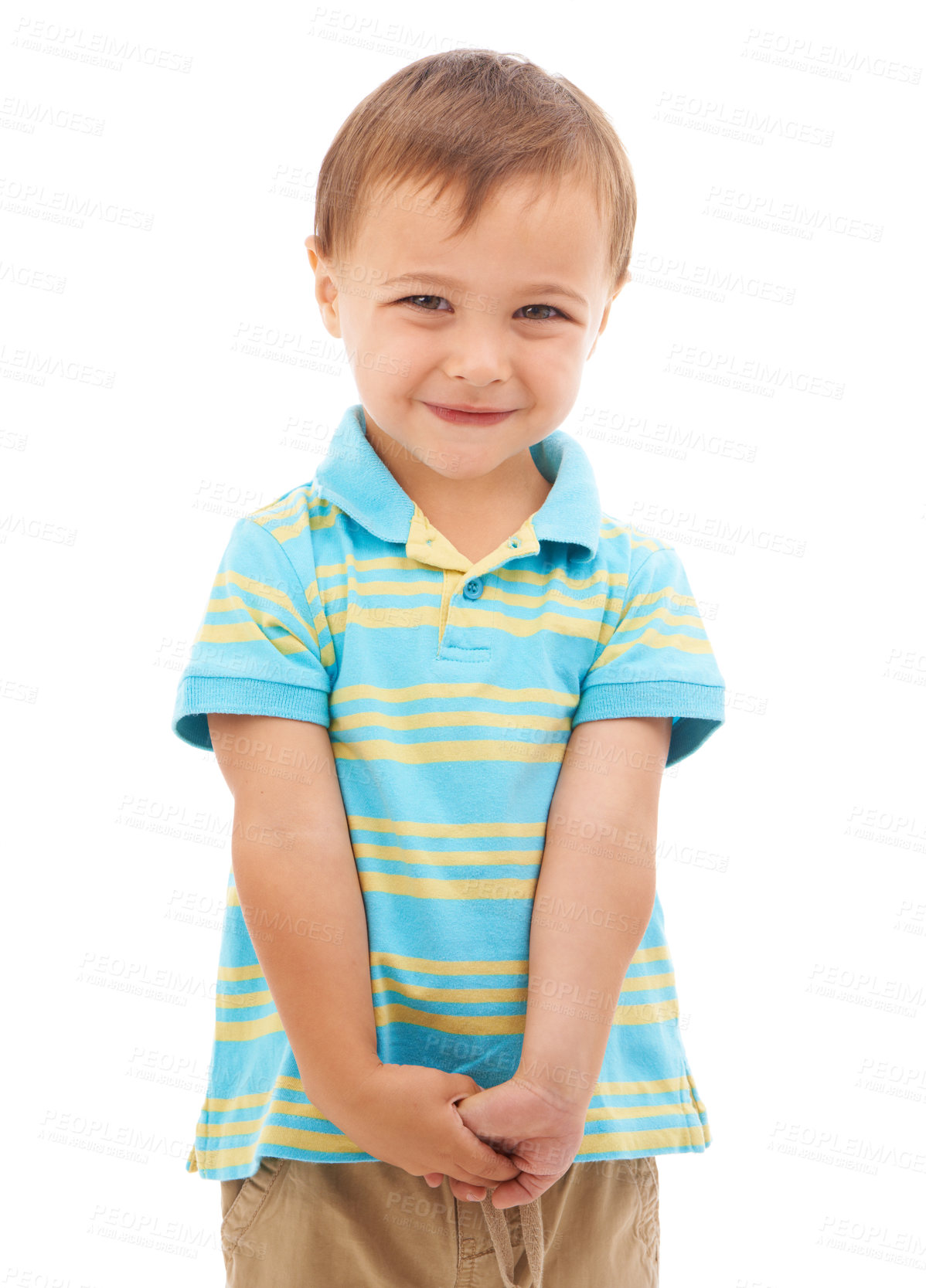 Buy stock photo Happy, child and portrait of boy in studio, white background and fashion in mockup space. Kid, face and smile with wellness, confidence and pride to start kindergarten with trendy style and outfit