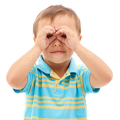 Buy stock photo Binoculars, hands and portrait of kid search, find or inspection in white background of studio. Curious, vision and child with gesture to spy for research, knowledge and learning from sightseeing