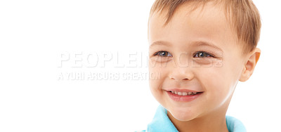 Buy stock photo Boy, child and happy portrait in studio, white background and thinking in mockup space. Kid, face and smile with wellness, confidence and pride to start kindergarten with curious ideas or development