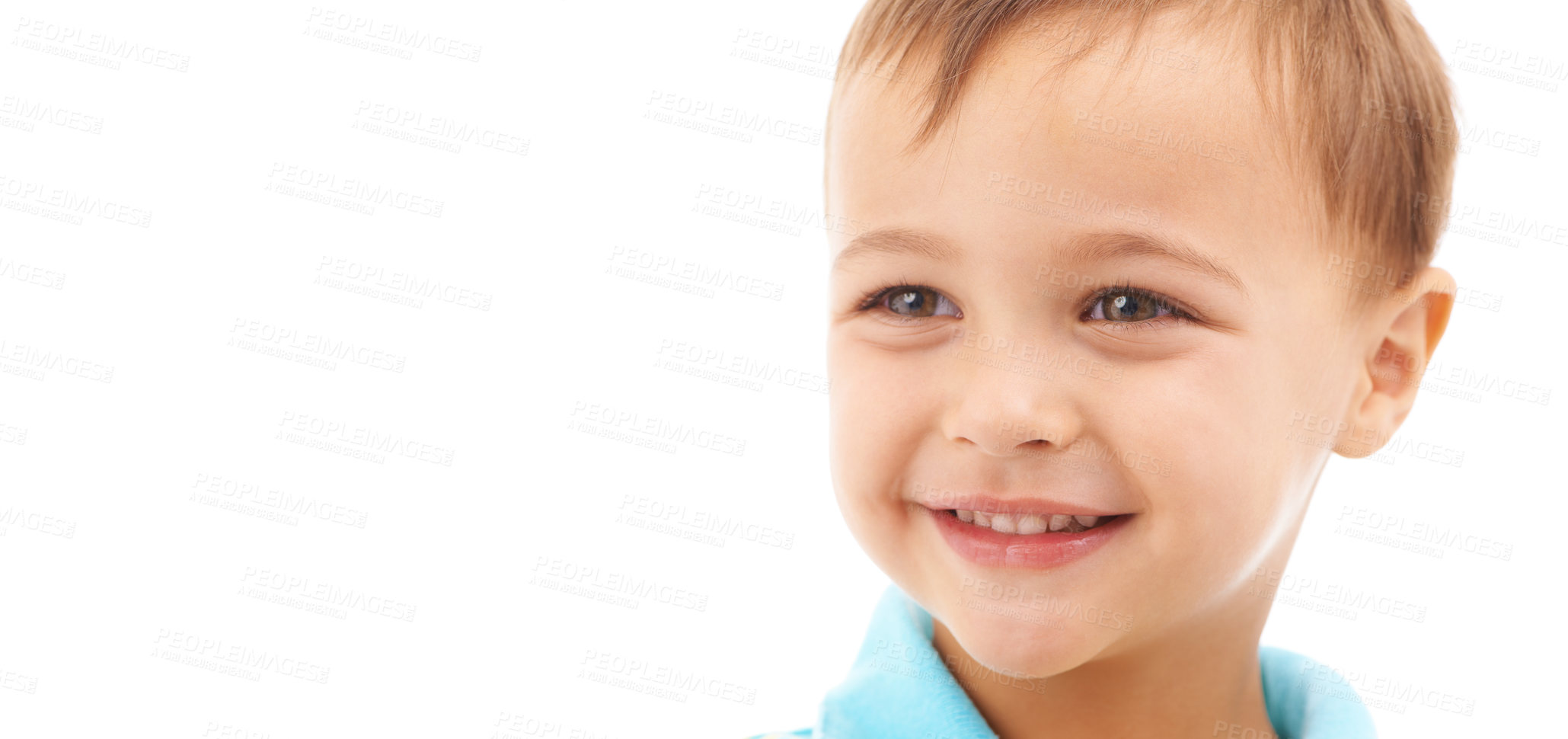 Buy stock photo Boy, child and happy portrait in studio, white background and thinking in mockup space. Kid, face and smile with wellness, confidence and pride to start kindergarten with curious ideas or development