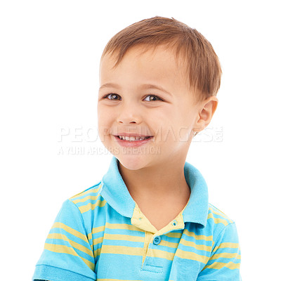 Buy stock photo Portrait, boy or excited with mockup space, excited or casual outfit isolated on white studio background. Face, person or model with happiness, promotion and relax with trendy clothes or cheerful kid