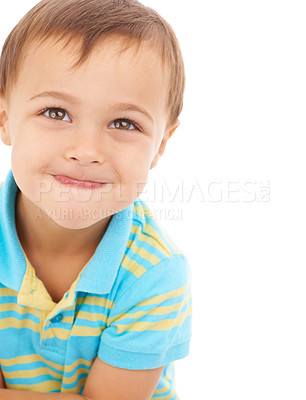Buy stock photo Smile, cute and portrait of child in a studio with sweet, positive and good attitude for development. Happy, childhood and face of young boy kid with casual style isolated by white background.