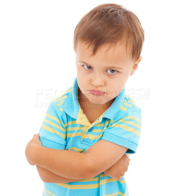 Buy stock photo Boy, arms crossed and anger in studio portrait with mental health, anxiety and stress by white background. Child, sad and person with depression, frustrated and fear with grief, moody and upset