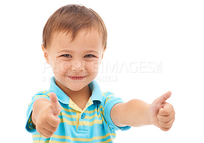 Buy stock photo Boy kid, thumbs up and studio portrait with smile, choice and vote for agreement by white background. Child, model or person in trendy fashion with sign, symbol and icon for yes, thank you or like