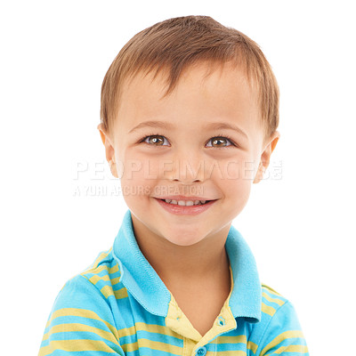 Buy stock photo Portrait, boy and smile with mockup space, confident and casual outfit isolated on a white studio background. Face, person and model with cheerful kid, promotion and joy with trendy clothes or style