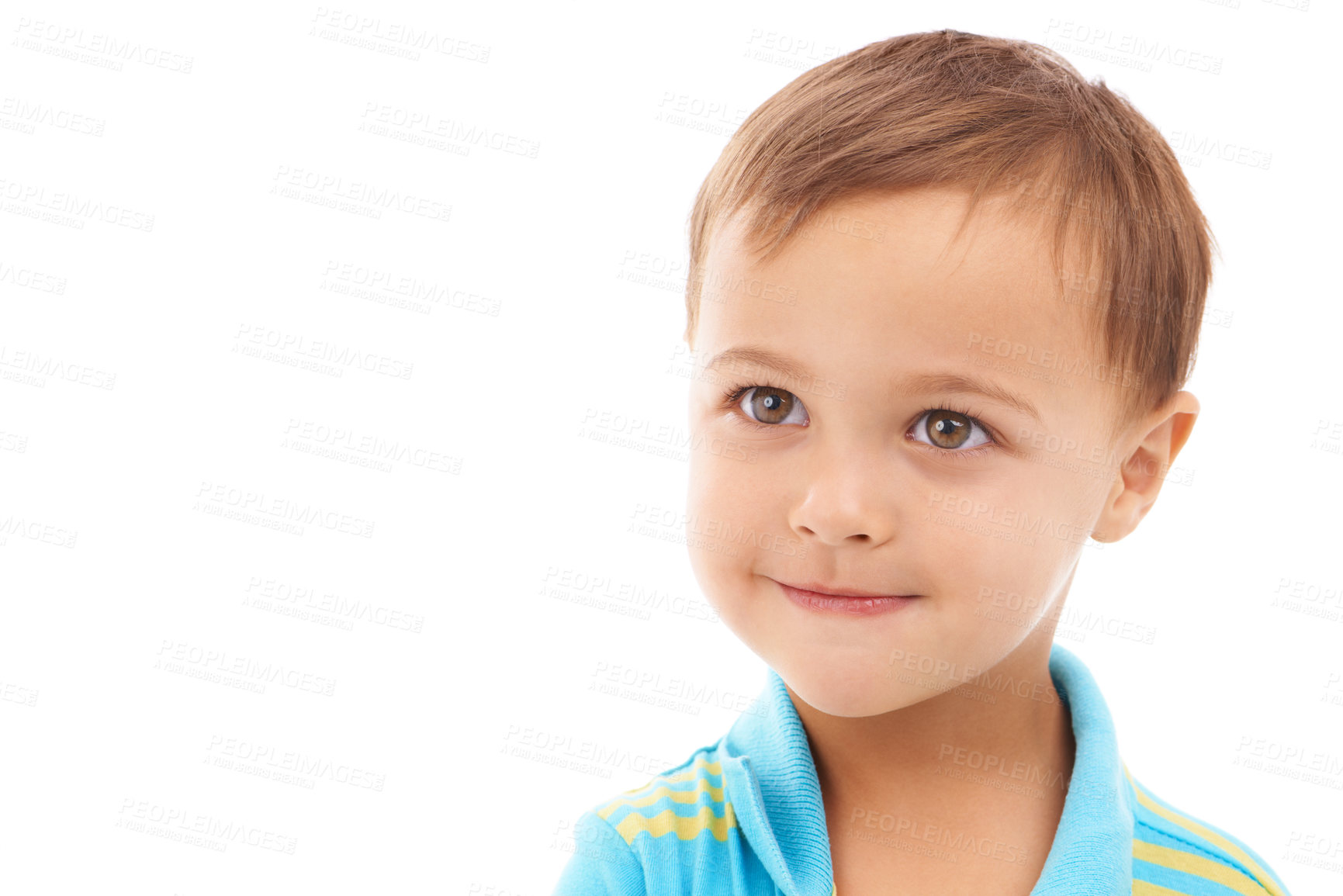 Buy stock photo Smile, cute and young child in a studio with sweet, positive and good attitude for development. Happy, childhood and face of natural boy kid toddler with casual style isolated by white background.