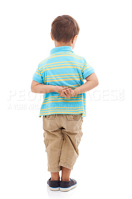 Buy stock photo Child, boy and back in studio or white background for nervous student, kindergarten or mockup. Male person, kid and hands for anxiety or growing shy or innocent worry for mistake, problem or fear