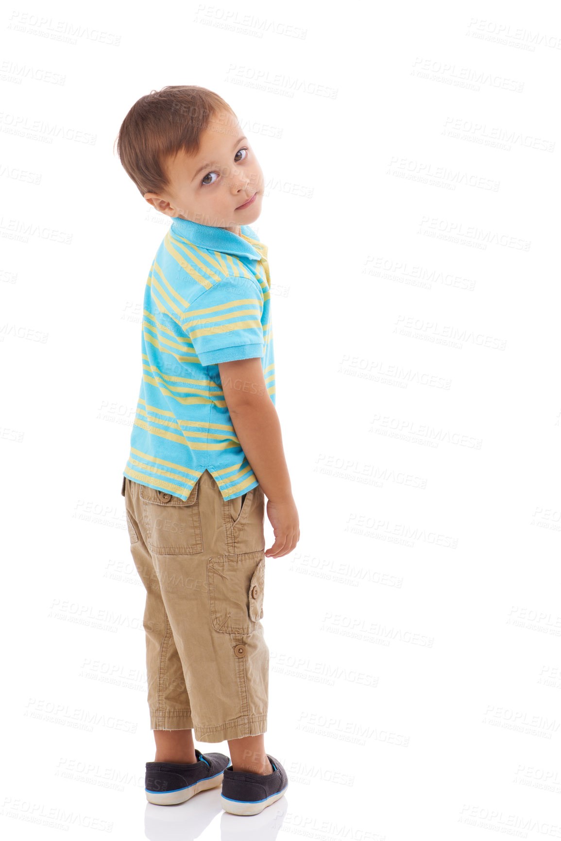 Buy stock photo Child, portrait and studio or white background or innocent kindergarten, mockup space or fashion. Male person, model and face of cute kid as preschool student for youth growing, toddler or expression